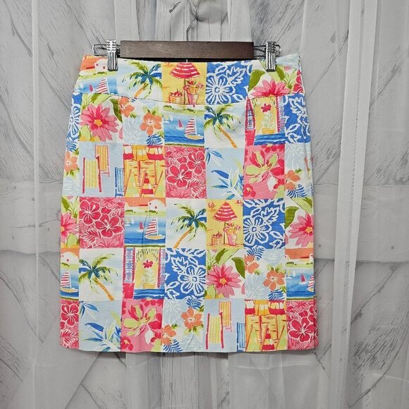 Vintage Talbots Blue Pink Tropical Nautical Beach Patchwork Island Skirt 8 - Picture 1 of 13